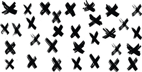 Black ink wrong signs on transparent bg. Black paint brush stroke crosses. 