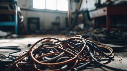Damaged cables lying on the floor in a repair shop. Featuring exposed copper and frayed insulation