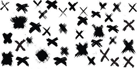 Black ink wrong signs on transparent bg. Black paint brush stroke crosses. 