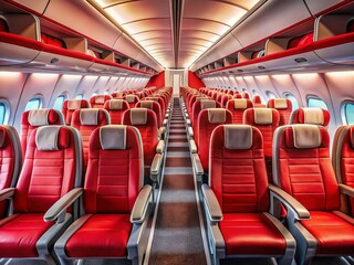 Fototapeta premium Empty Economy Airplane Seats Panoramic, Red Headrests, Interior View