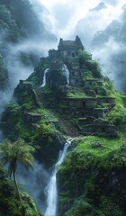 The ruins of an ancient village in the mountains, surrounded by green grass and lush ferns, with small waterfalls flowing down from them