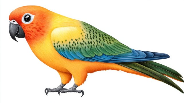 Vibrant bird illustration, predominantly orange and yellow, with green and blue accents on its wings and tail. Detailed depiction of feathers and