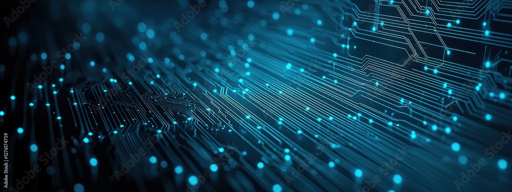 Fototapete futuristic printed circuit board with glowing connections representing data flow
