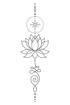 Sacred Lotus Unalome Tattoo Design Minimalist Spiritual Symbol. Vector isolated buddhist line hand drawn symbol.