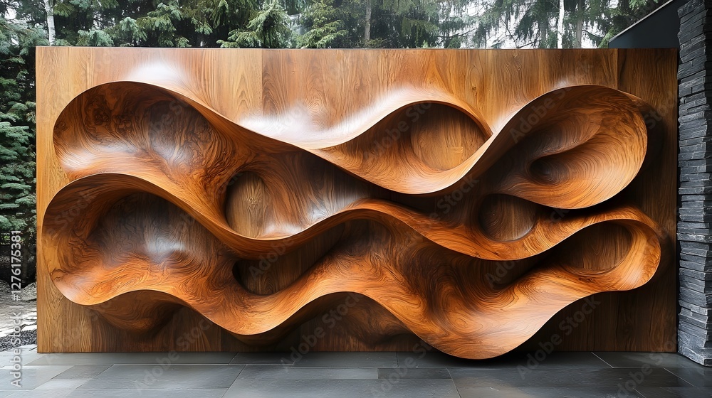 Poster Captivating wooden sculpture featuring a mesmerizing design with undulating curves and fluid patterns