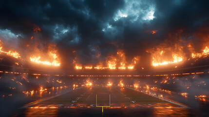 Apocalyptic American Football Stadium engulfed in Flames Infernal Blaze Disaster Scene