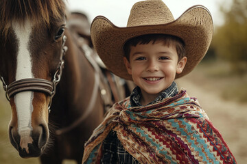An excited young boy in cowboy attire, including a large hat and decorative blanket, posing confidently beside his horse, suggesting adventure and youthful joy.