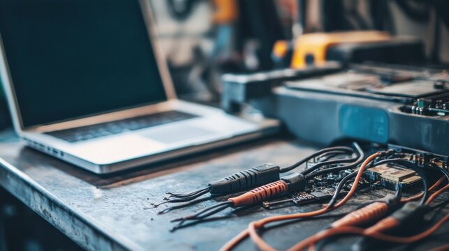 Damaged cables near an open laptop on a workshop counter. Featuring exposed wires and frayed ends
