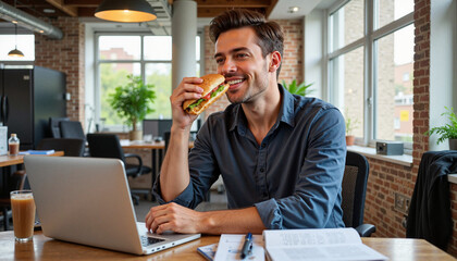 Smiling man enjoying a sandwich at a modern office desk