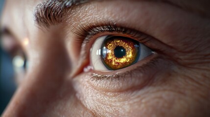 Fototapeta premium Close up of a woman's eye with a glowing, intricate pattern in the iris. The eye is amber and gold with detailed textures around it. The image