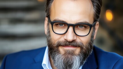 Fototapeta premium Close up portrait of a man with a beard and glasses, wearing a blue blazer. Soft lighting, blurred background
