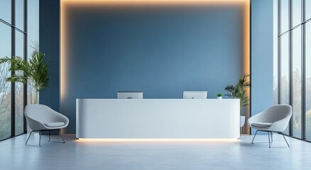 A modern reception desk with a white and curved design is set against an empty blue wall in the background. modern living room interior with fireplace