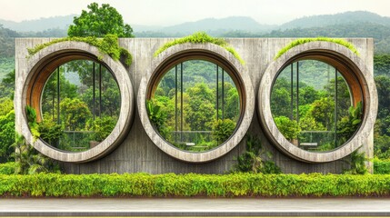Concrete Circular Architecture With Greenery and Forest Landscape in Daylight