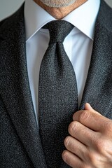Close-up of a man adjusting his tie while wearing a tailored black suit and white shirt in a professional setting during daylight