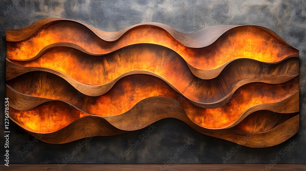 Poster mesmerizing wavy digital sculptural art with fiery orange gradient tones captivating 3d rendered abs