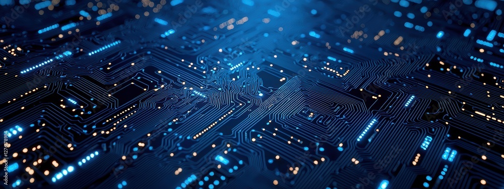 Fototapete Futuristic printed circuit board pulsating with data flow