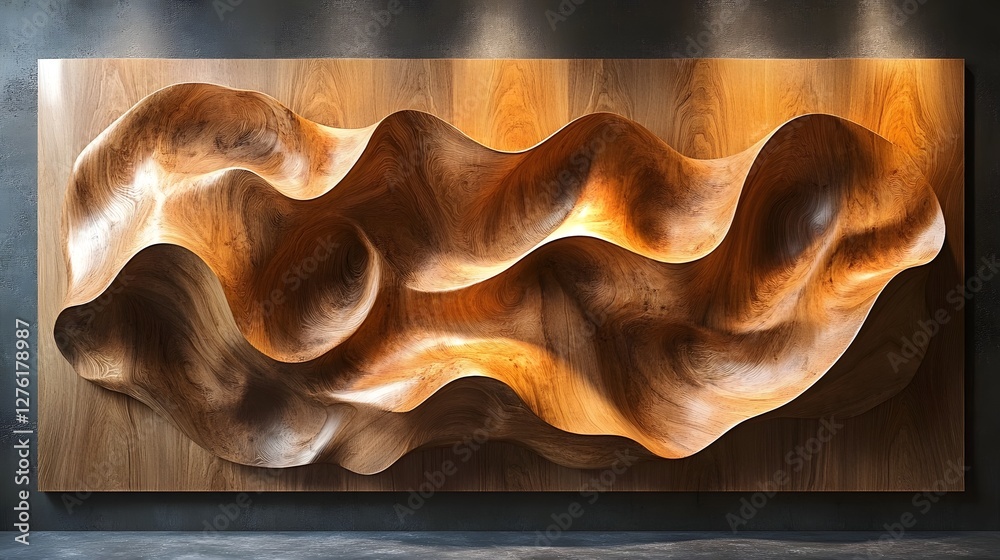 Leinwandbilder Mesmerizing wooden sculpture featuring organic wavy patterns and flowing undulating curves that create a captivating contemporary and visually striking design  The natural textures and warm