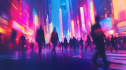 Neon lit Cityscape at Night with Blurred Crowd and Vibrant Lights Captivating Urban Landscape with Futuristic Atmosphere  The image depicts a bustling energetic city scene at night