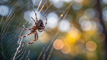 Fototapeta premium Spider on web, outdoor, blurred background, animal wildlife with nature in sunlight, an emotional expression of calm