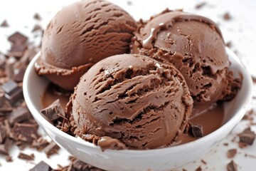 Chocolate ice cream in white bowl. AI generated