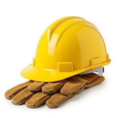A yellow hard hat and leather work gloves on a white background
