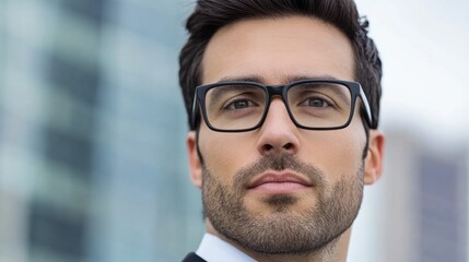 Obraz premium Portrait of a man with short brown hair and a beard, wearing black framed glasses, against a blurred urban backdrop. He has a serious expression