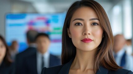 Naklejka premium Confident professional woman in a dark suit gazes directly at the camera. The background is blurred, showcasing other businesspeople in a meeting. 