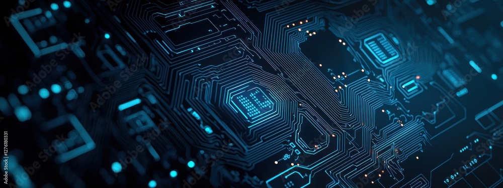 Poster Futuristic printed circuit board pulsating with data flow