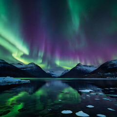 The stunning aurora borealis dances across the night sky, displaying vibrant waves of green, blue, and purple lights. The ethereal glow creates a mesmerizing atmosphere, with swirling patterns.