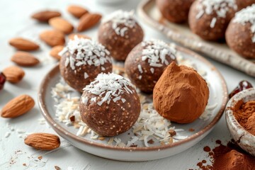 Coconut almond bliss balls on rustic plate. AI generated