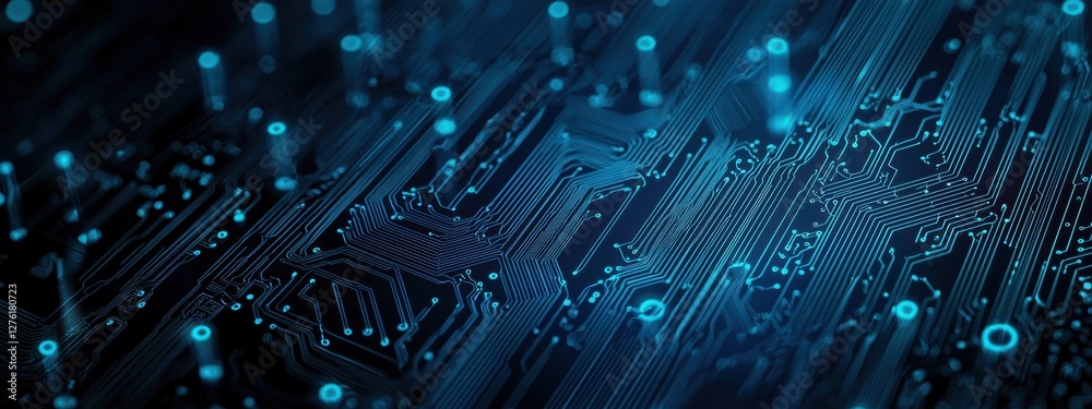 Poster Futuristic printed circuit board with glowing details and data flowing