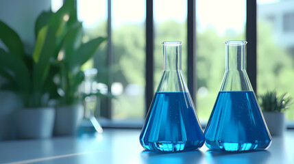 Two Conical Flasks with Blue Liquid on a Lab Table