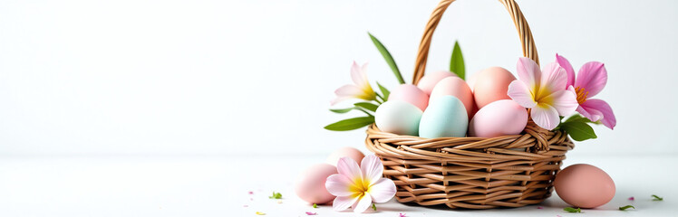 A Basket Filled With Pastel Colored Eggs And Fresh Flowers, White Background Complex Shading, Excessive Details 00001