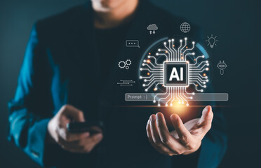 Ai Artificial Intelligence technology concept, Businessman using AI technology on smartphone, Futuristic technology transformation. Chat with AI, Enter prompt and searching data in global network