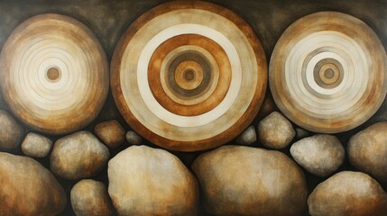 Abstract Wood Circles and Stones Composition with Earthy Textures and Rustic Design