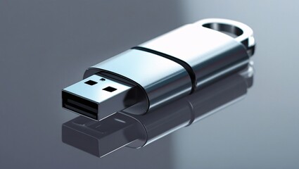 Close-Up of USB Flash Drive on Reflective Surface
