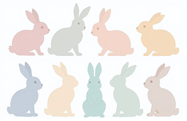 A Collection Of Easter Bunny Silhouettes In Gentle Pastel Hues, White Background Clean Lines, High Detail 00002