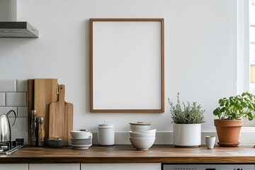 blank picture frame in a well-lit, contemporary kitchen, offering a perfect space to display your artwork or photography.
