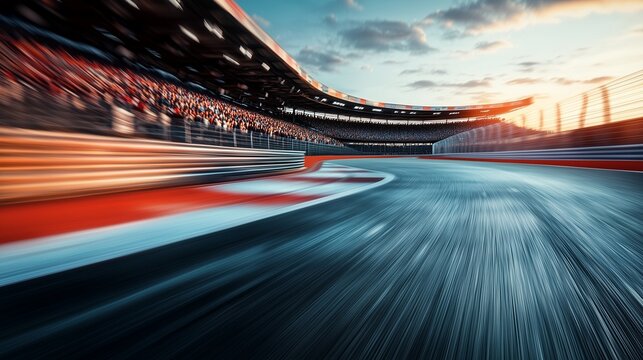 An image of racing track with car driving on it. Motion of track circuit in motion race. A blurred image of racing grandstand at the stadium. A picture of a racecourse featuring a lifestyle car on it.