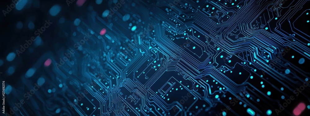 Poster Futuristic printed circuit board pulsating with data flow