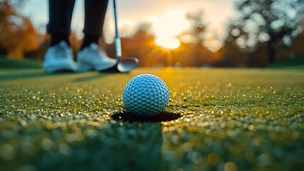 Golf ball in hole, sunset golf course, golfer's feet, putting