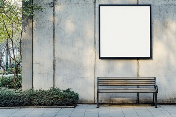 Blank Billboard on Concrete Wall with Wooden Bench, Urban Park Setting, Advertisement Space, Outdoor Advertising, Public Space