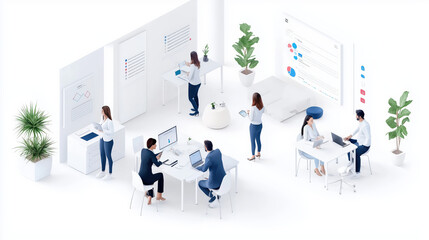 Obraz premium modern office space with people collaborating on laptops and discussing data on screens, surrounded by plants and minimalist furniture