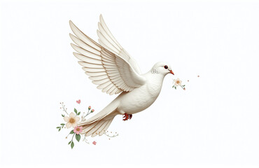 Obraz premium A Minimalist Illustration Of An Easter Dove With A Floral Touch, White Background Intricate Wing Textures, Realism 00001