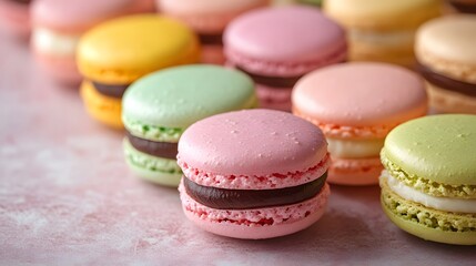 Obraz premium Delicate French macarons in pastel pink, green, yellow, chocolate and vanilla showcase their almond cookie texture and creamy fillings in professional food styling.