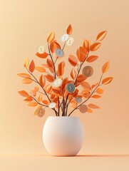 Decorative plant with orange leaves and money coins design.