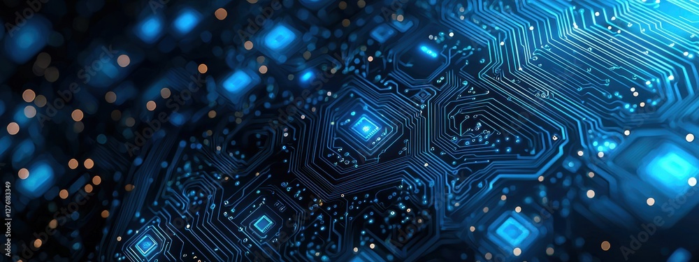 Poster Futuristic circuit board pulsating with data flow
