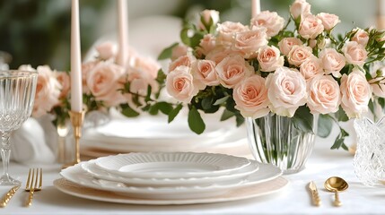 Elegant table arrangement features white porcelain plate on macrame placemat, pink roses in crystal vase, golden cutlery, blush candles, and geometric gold napkin holder.