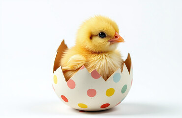 A Single Easter Chick Hatching From A Decorated Egg, White Background Realistic Feather Textures, High Detail 00001