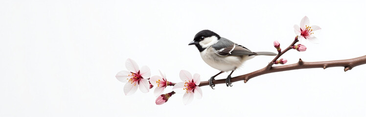 Naklejka premium A Tiny Bird Perched On A Blossoming Tree Branch, White Background Detailed Feathers, Realism 00002